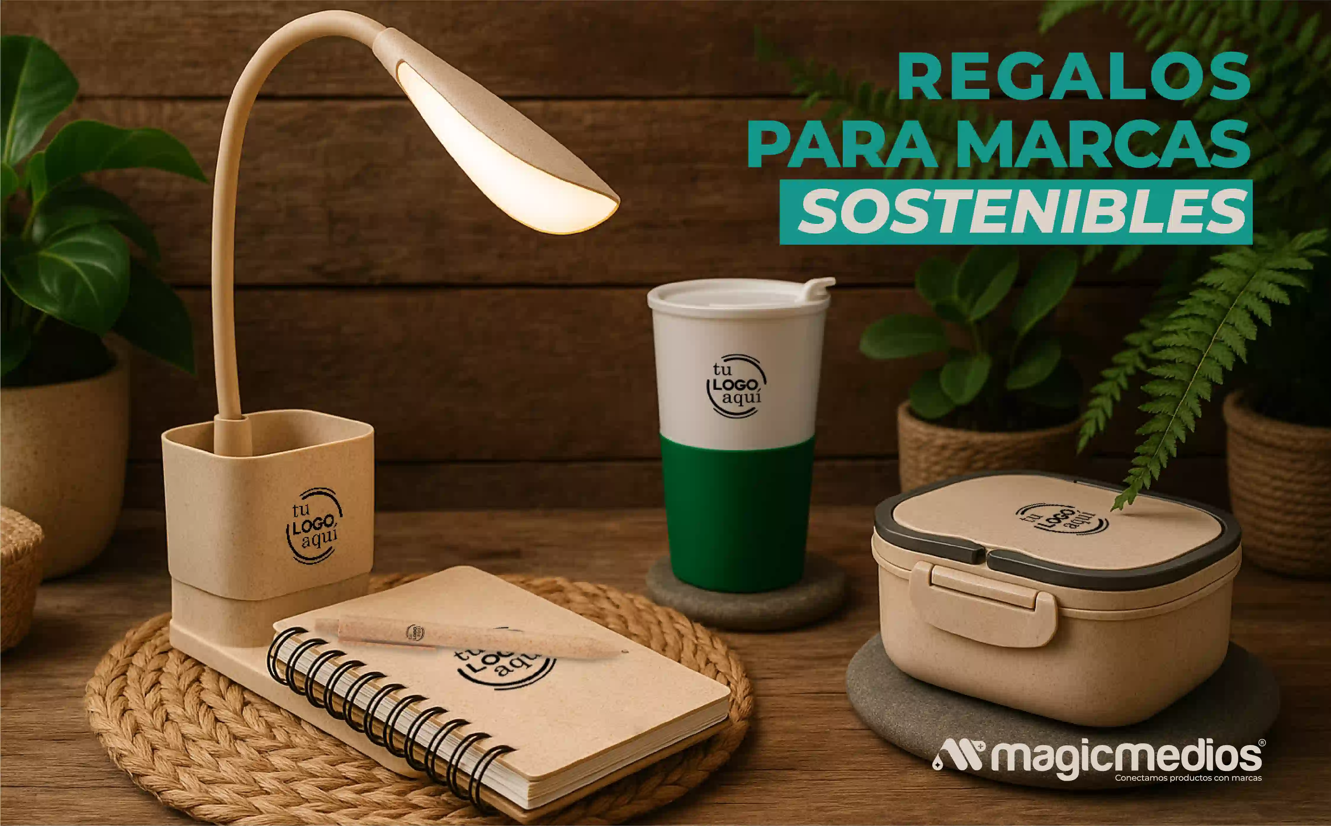 lampara, cuaderno, lapicero, porta comidas y vaso para personalizar con logo